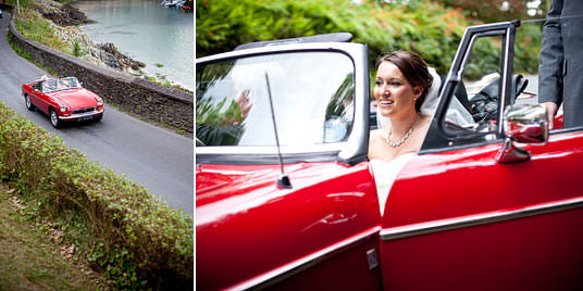 Red Vintage Wedding Car Bride arriving to church